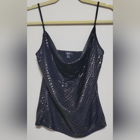 Mango Animal Print Embossed Black Tank Top Size Medium Draped Neckline - Picture 1 of 7